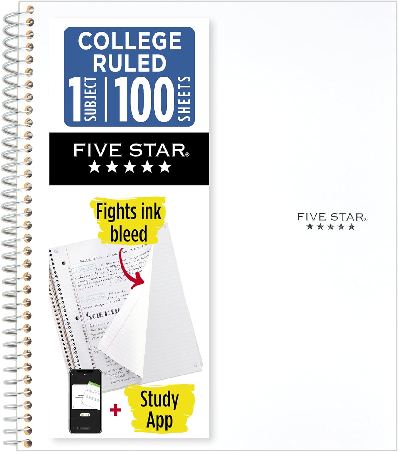 Five Star Spiral Notebook + Study App, 1 Subject, College Ruled Paper, 8-1/2" x 11", 100 Sheets, Fights Ink Bleed, Water Resistant Cover, White (72456)