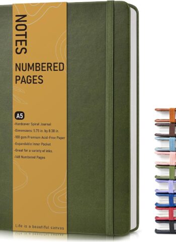 Lined Spiral Journal Notebook, A5 Hardcover Spiral Journals for Women Men, 150 Numbered Pages Spiral Bound Notebook, 100 GSM College Ruled Notebooks for Work, Note Taking 5.75" x 8.38", Olive Green