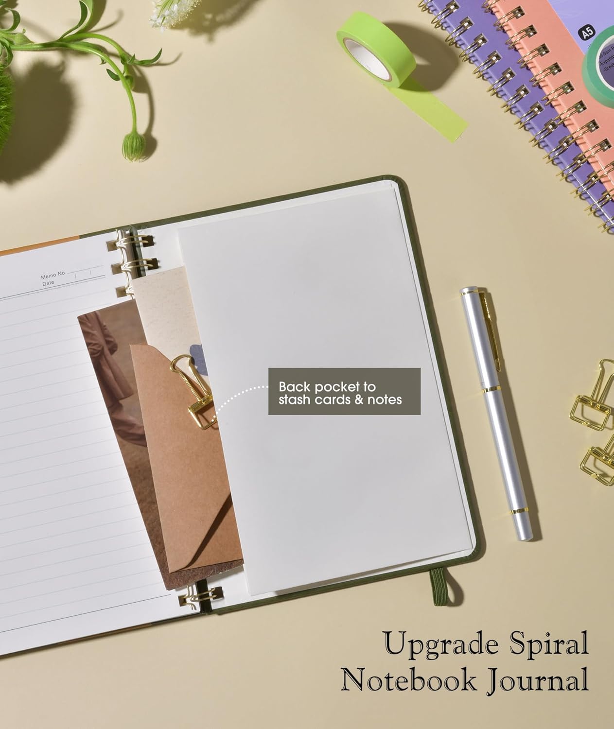 Lined Spiral Journal Notebook, A5 Hardcover Spiral Journals for Women Men, 150 Numbered Pages Spiral Bound Notebook, 100 GSM College Ruled Notebooks for Work, Note Taking 5.75" x 8.38", Olive Green - Image 6