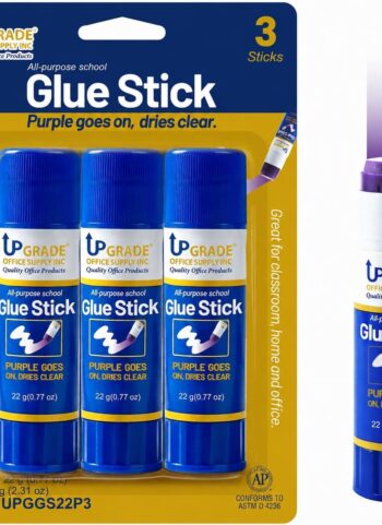 Upgrade Office Supply Glue Sticks, 22g, 3 Count, Purple Goes On Dries Clear | Acid-Free, Washable Non Toxic, for Classroom, Home, Office, Art, Craft and Poster Projects