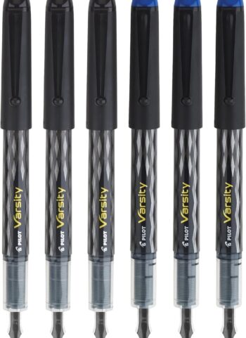 Pilot, Precise Varsity Pre-Filled Fountain Pens, Medium Point 1 mm Stainless Steel Nib, Black/Blue, 6-Pack